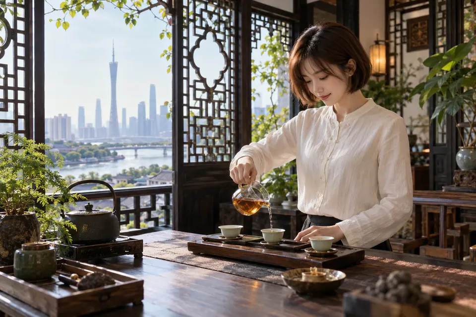 岭南花窗前的冲泡空间，公道杯与茶具整齐摆放