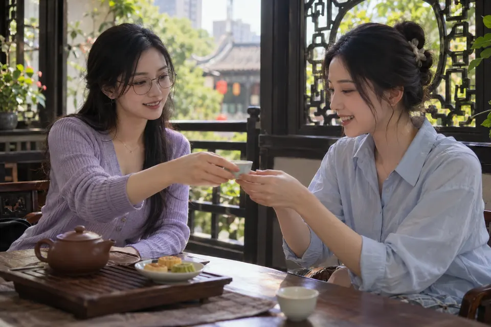 花窗前茶友围坐交流，桌上有茶点与茶杯
