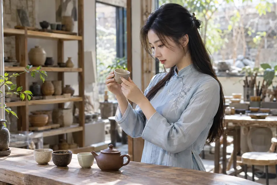 挑选陶杯并观察茶器的场景，桌面上摆放多只陶制茶杯
