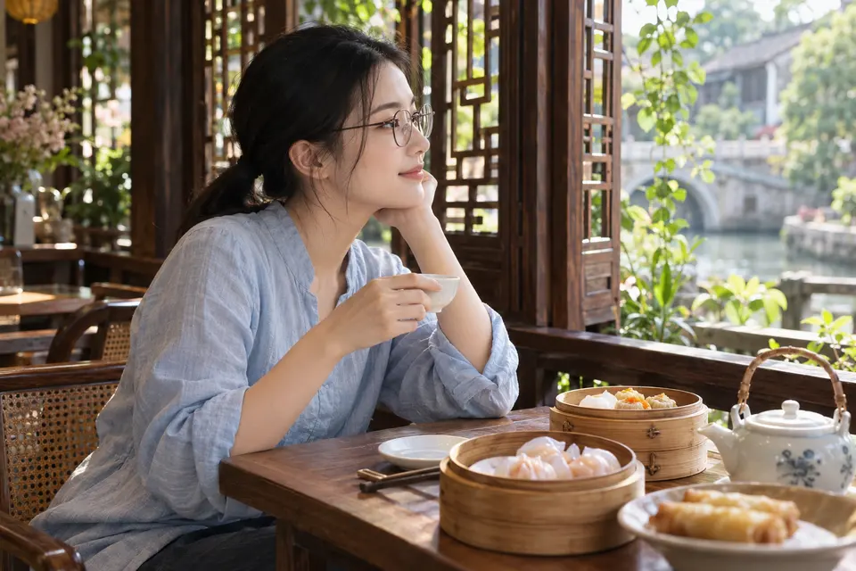 岭南早茶场景：白瓷茶具与广式点心摆放在桌面上