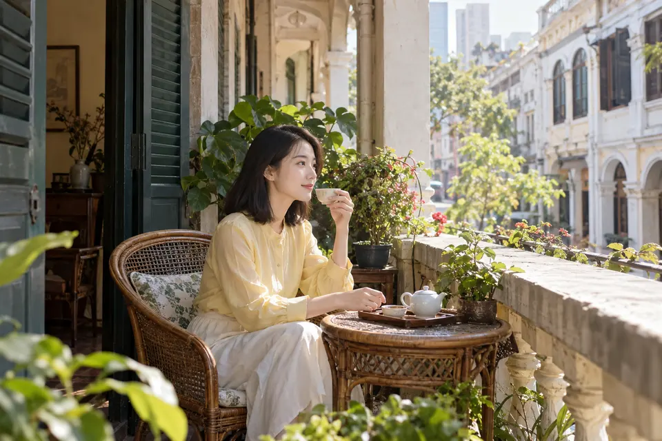 骑楼阳台清晨的茶饮场景，白瓷杯置于桌边